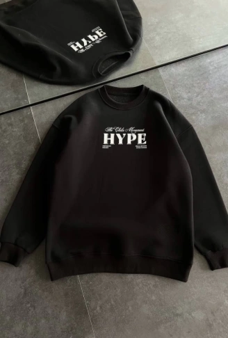 Üç İplik Bisiklet Yaka Baskılı SweatShirt - Siyah