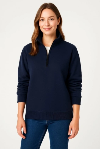 Üç İplik Dık Yaka Yarım Fermuarlı SweatShirt - Lacivert