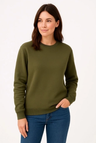 Üç İplik Düz Bisiklet Yaka SweatShirt - Haki