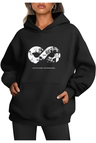 Üç İplik Kapşonlu 10 Kasıma Özel SweatShirt - Siyah