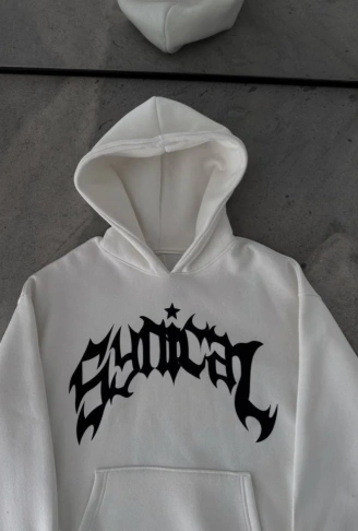 Üç İplik Kapşonlu Baskılı Oversize SweatShirt-  Beyaz