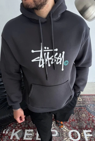 Üç İplik Kapşonlu Baskılı SweatShirt - Füme