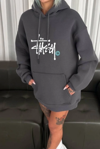 Üç İplik Kapşonlu Baskılı SweatShirt - Füme