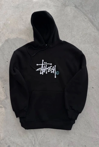 Üç İplik Kapşonlu Baskılı SweatShirt - Siyah