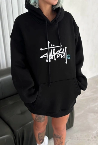 Üç İplik Kapşonlu Baskılı SweatShirt - Siyah