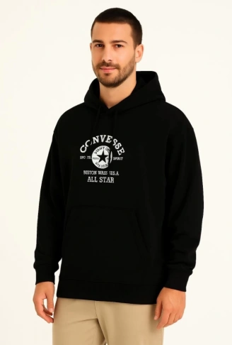 Üç İplik Kapşonlu ön Ve Arka Baskılı SweatShirt Hoodie- Siyah