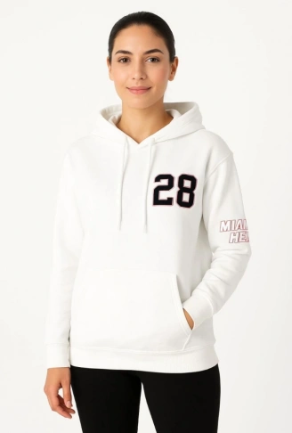 Üç İplik Kapüşonlu Ön Ve Arka Baskılı SweatShirt Hoodie - Beyaz