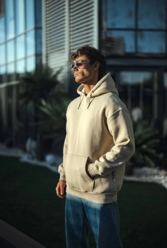 Üç İplik Penye Kapşonlu Basic SweatShirt - Bej