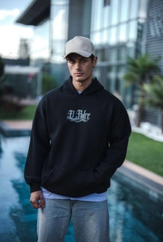 Üç İplik Penye Kapşonlu Baskılı SweatShirt - Siyah