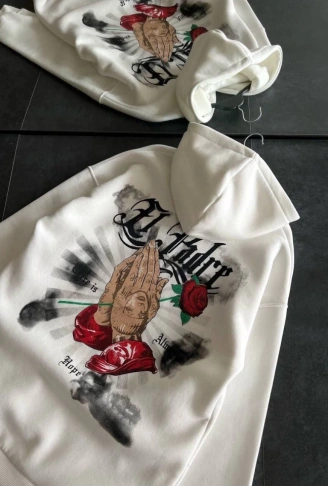 Üç İplik Penye Uzun Kol Kapşonlu Baskılı SweatShirt - Beyaz