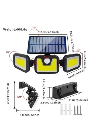 Üçlü Solar Led Projektör – Beyaz Işık – Sensörlü Dış Mekân Aydınlatma (4940)