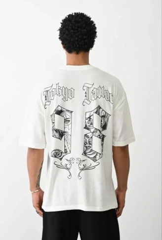 Unisex Baskılı Oversize T-Shirt - Beyaz
