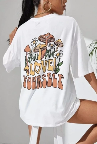 Unisex Baskılı Oversize T-Shirt - Beyaz