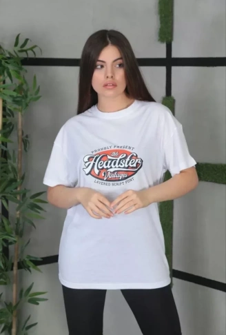 Unisex Baskılı Oversize T-Shirt - Beyaz