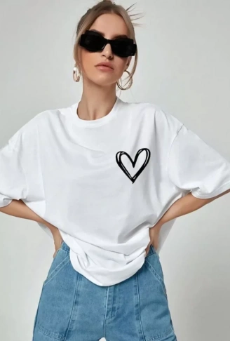 Unisex Baskılı Oversize T-Shirt - Beyaz