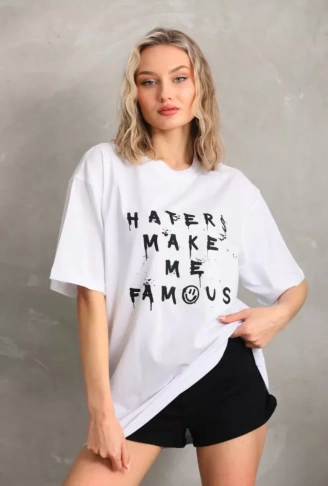 Unisex Baskılı Oversize T-Shirt - Beyaz