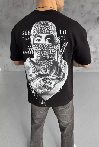 Unisex Baskılı Oversize T-Shirt - Siyah
