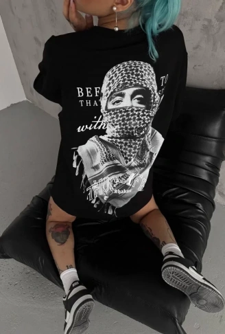 Unisex Baskılı Oversize T-Shirt - Siyah