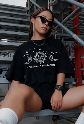 Unisex Baskılı Oversize T-Shirt - Siyah