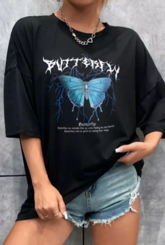 Unisex Baskılı Oversize T-Shirt - Siyah