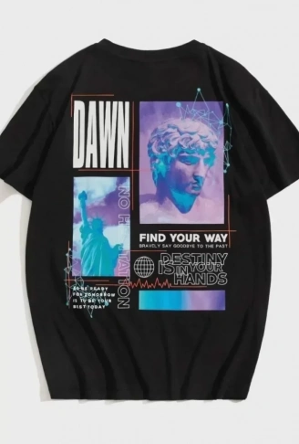 Unisex Baskılı Oversize T-Shirt - Siyah