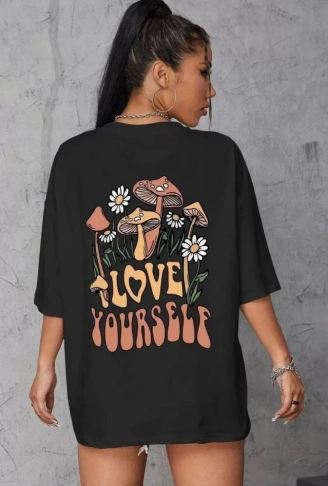 Unisex Baskılı Oversize T-Shirt - Siyah