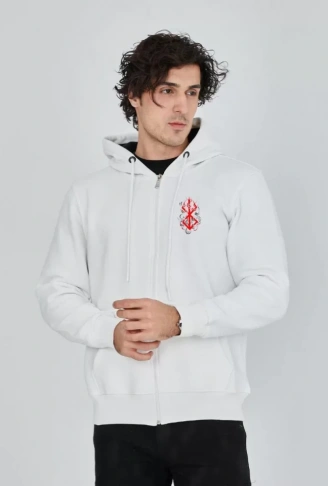 Unisex Baskılı Tam Fermuarlı Kapşonlu SweatShirt - Beyaz