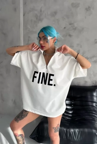 Unisex Baskılı Yarım Fermuarlı T-Shirt - Beyaz