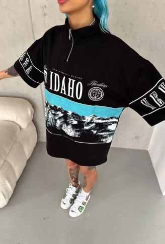 Unisex Baskılı Yarım Fermuarlı T-Shirt - Siyah