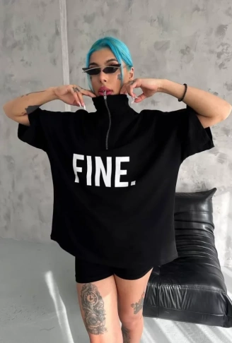 Unisex Baskılı Yarım Fermuarlı T-Shirt - Siyah