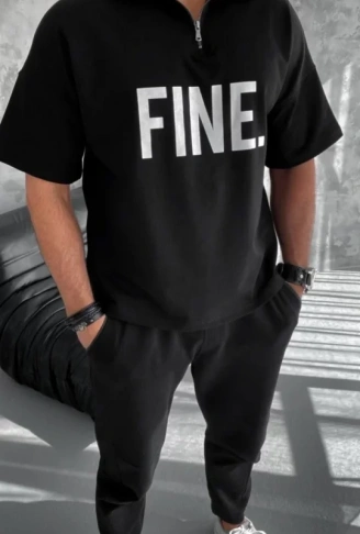 Unisex Baskılı Yarım Fermuarlı T-Shirt - Siyah