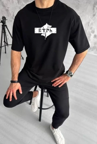 Unisex Bisiklet Yaka Baskılı Double Oversize T-Shirt - Siyah