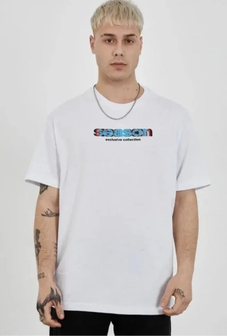 Unisex Bisiklet Yaka Baskılı Oversize T-Shirt - Beyaz