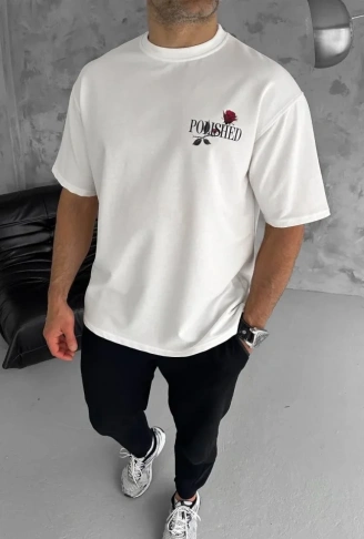 Unisex Bisiklet Yaka Baskılı Oversize T-Shirt - Beyaz