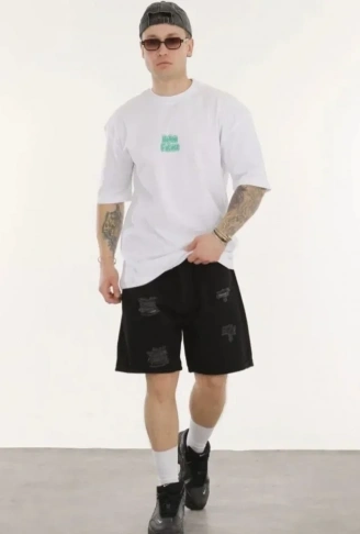 Unisex Bisiklet Yaka Baskılı Oversize T-Shirt - Beyaz