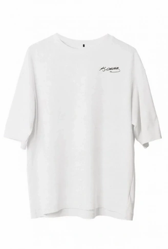 Unisex Bisiklet Yaka Baskılı Oversize T-Shirt - Beyaz