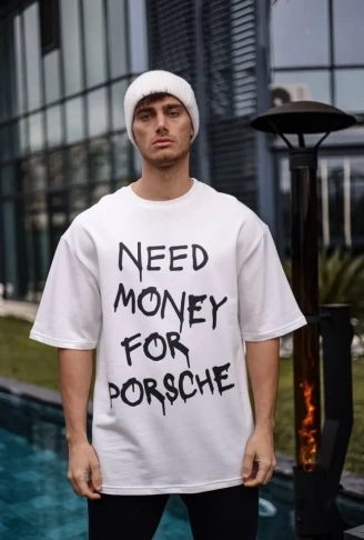 Unisex Bisiklet Yaka Baskılı Oversize T-Shirt - Beyaz