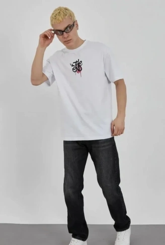 Unisex Bisiklet Yaka Baskılı Oversize T-Shirt - Beyaz