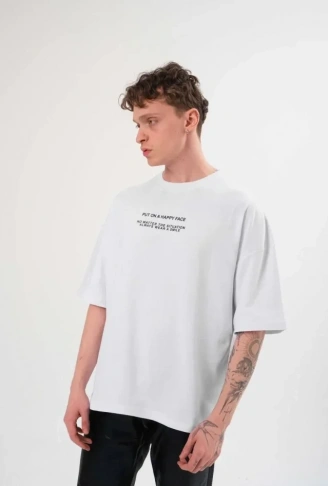 Unisex Bisiklet Yaka Baskılı Oversize T-Shirt - Beyaz