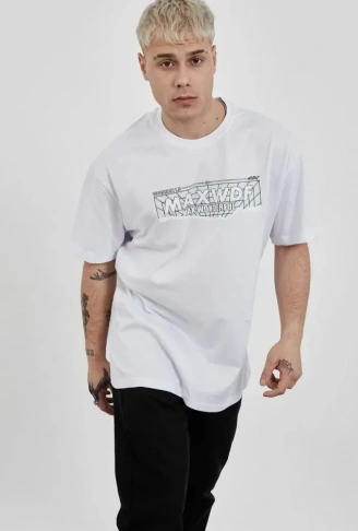 Unisex Bisiklet Yaka Baskılı Oversize T-Shirt - Beyaz