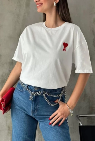 Unisex Bisiklet Yaka Baskılı Oversize T-Shirt - Beyaz