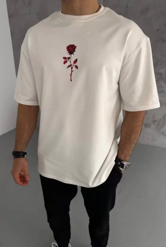 Unisex Bisiklet Yaka Baskılı Oversize T-Shirt - Beyaz