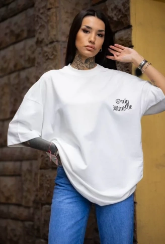 Unisex Bisiklet Yaka Baskılı Oversize T-Shirt - Beyaz