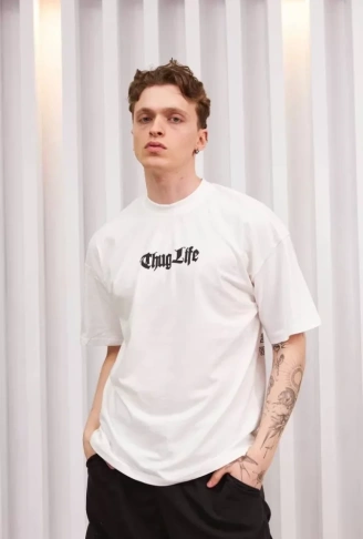 Unisex Bisiklet Yaka Baskılı Oversize T-Shirt - Beyaz