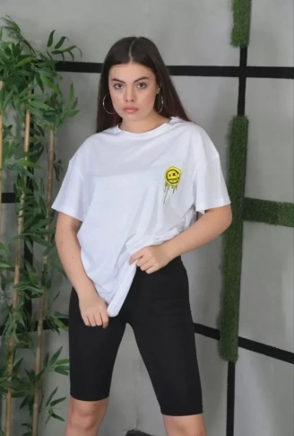 Unisex Bisiklet Yaka Baskılı Oversize T-Shirt - Beyaz