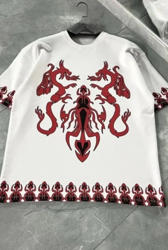 Unisex Bisiklet Yaka Baskılı Oversize T-Shirt - Beyaz