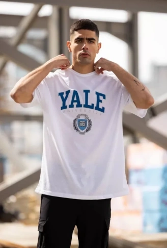 Unisex Bisiklet Yaka Baskılı Oversize T-Shirt - Beyaz