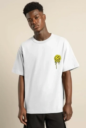 Unisex Bisiklet Yaka Baskılı Oversize T-Shirt - Beyaz