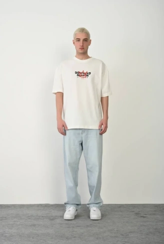 Unisex Bisiklet Yaka Baskılı Oversize T-Shirt - Beyaz