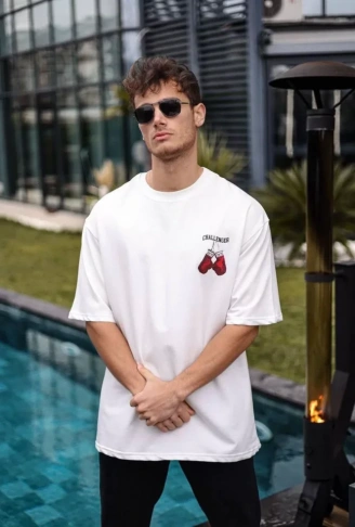 Unisex Bisiklet Yaka Baskılı Oversize T-Shirt - Beyaz